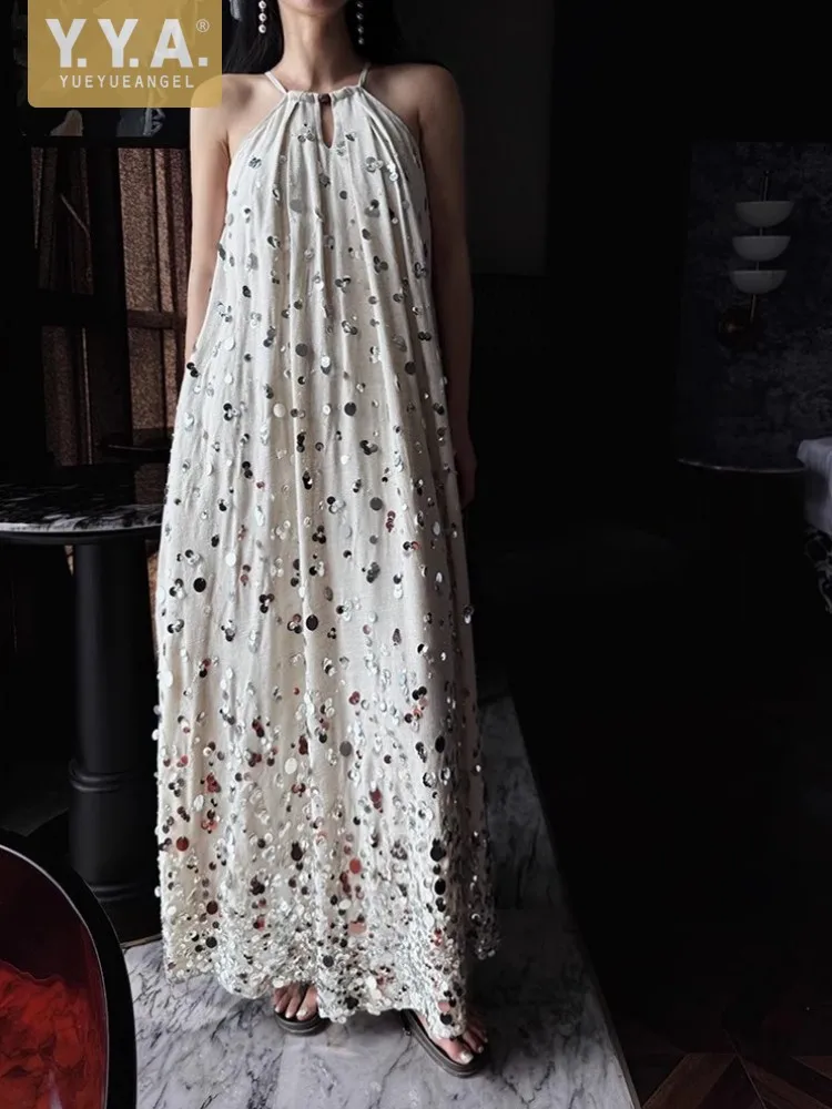 Top Quality Summer Women Sequin Gradient Halter Tie Dresses Sweet Off-Shoulder Sleeveless Loose Big Dress Hem Floor Length Dress