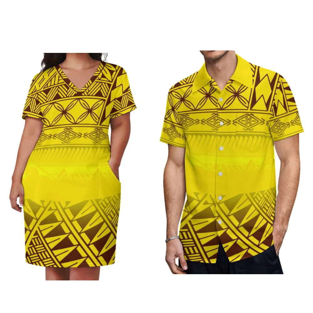 Pacific Island Art Couple Set Summer Polynesian Women\'s Dress V-Neck Style Midi Skirt Men\'s Fashion Shirt