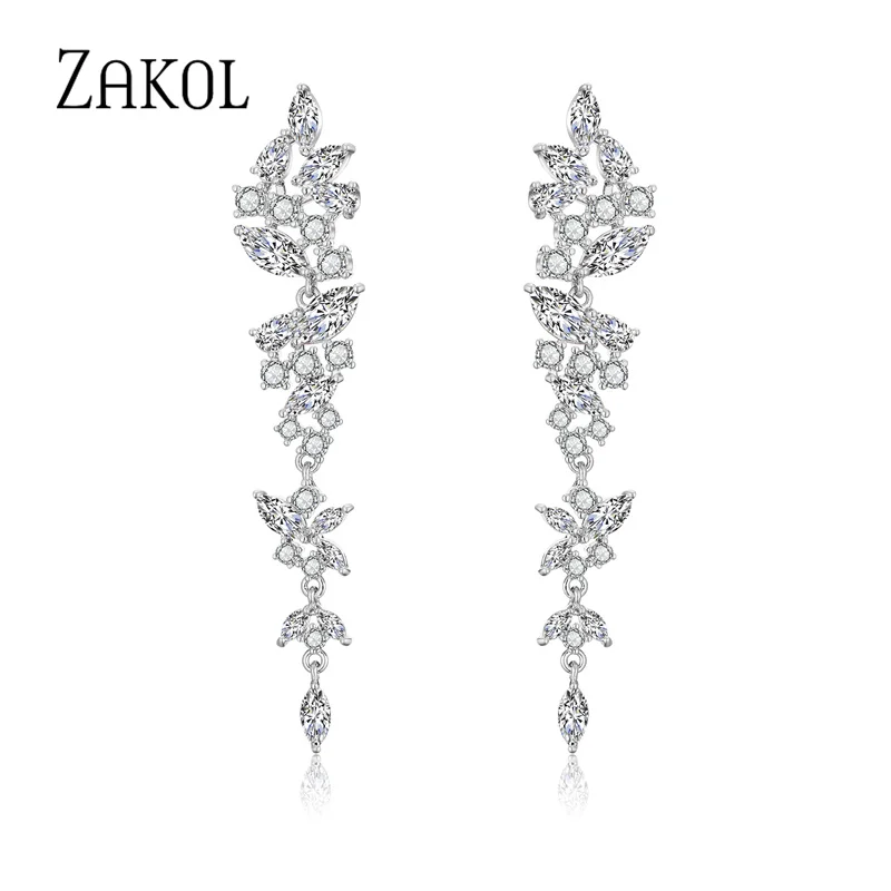 ZAKOL Exquisite White Gold Color Leaf Long Dangle Earrings for Women Fashion Cubic Zironia Bridal Earring Wedding Jewelry