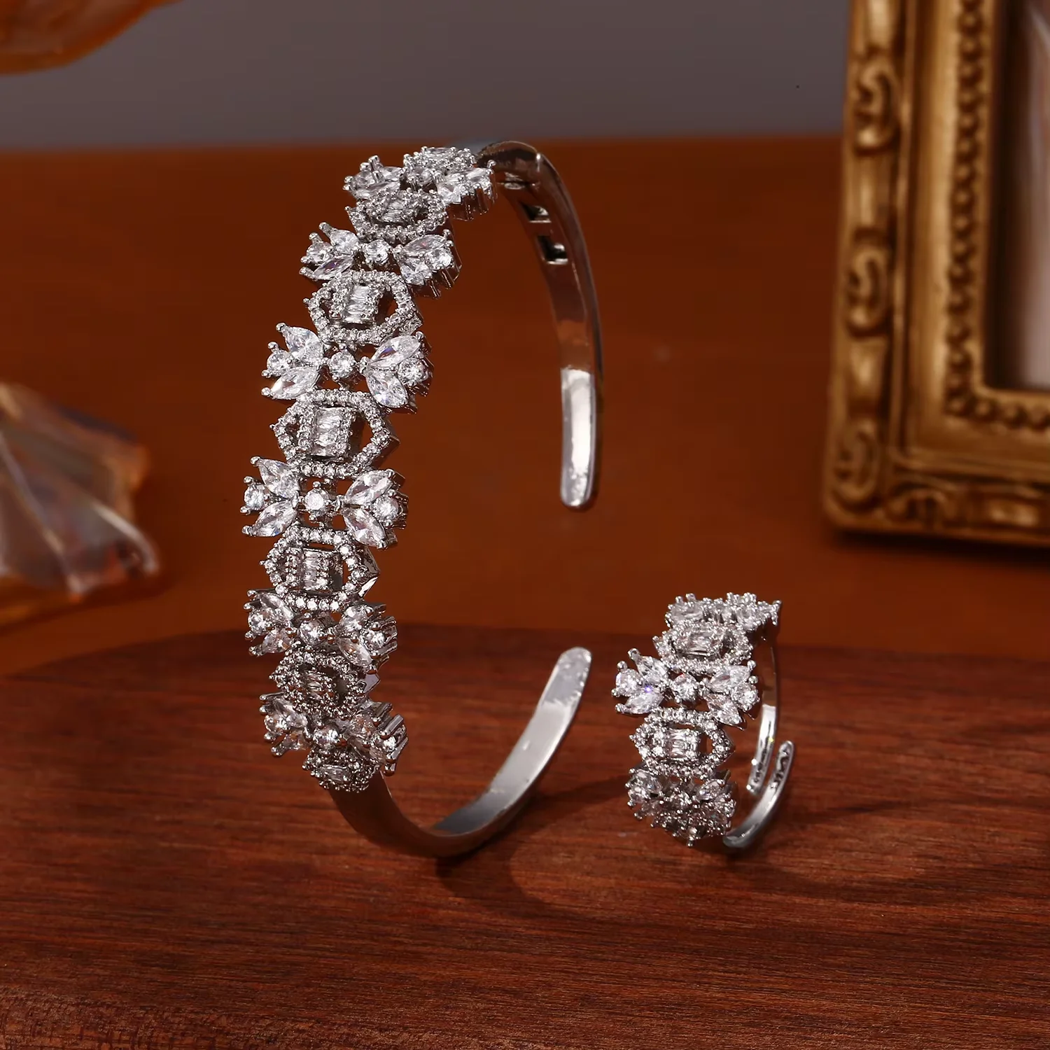 Women's Flower Cluster Cuff Bangle & Matching Ring Set, Adjustable Floral Jewelry