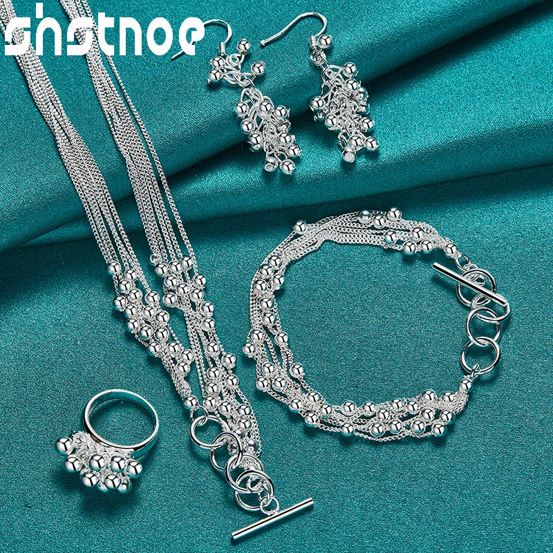 

SHSTONE 4pcs 925 Sterling Silver Many Beads Necklace Bracelets Ring Earrings Fine Jewelry Set For Woman Party Wedding Engagement