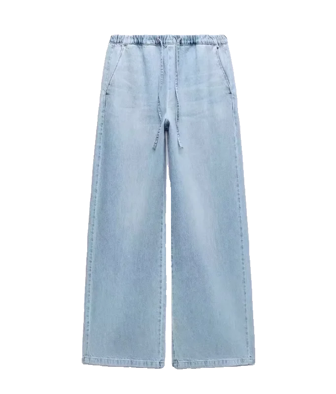 

Spring 2024 High Waist Wide Leg Casual Jeans Elastic Waist Loose Running Pants Single Color Long Trousers Ladies Faion