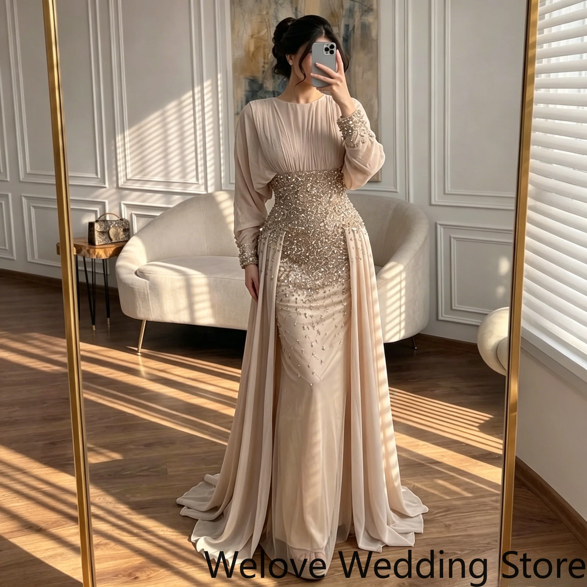 Customized Elegant Evening Gown Featuring a Round Neckline, Long Sleeves with Beaded Cuffs, a Heavily Embellished Waistband