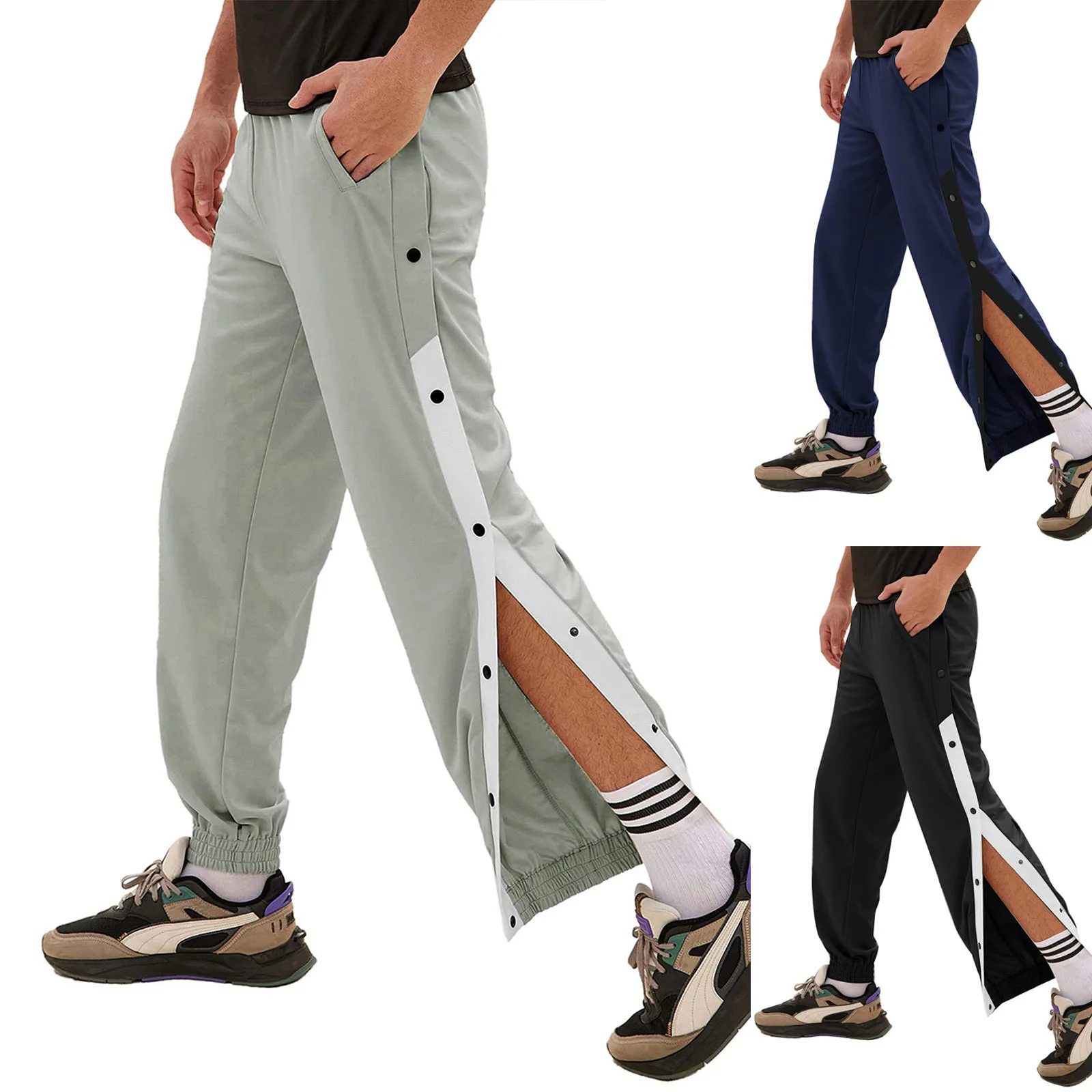 Sports Trousers Men\'s Casual Sweatpants Fashion Side-Opening Button-Down Pants Fashion Elastic Waist Pants Pantalones Hombre