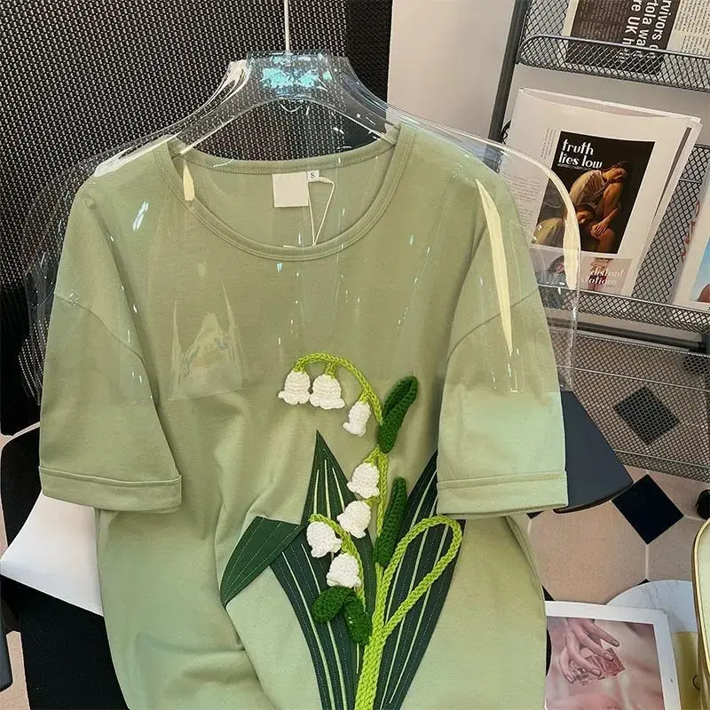 DAYIFUN-Green Short Sleeve T-shirts for Women 3D Flower Design Cotton Embroidered Tshirt Large Size Couple Tops Summer Tees 2024