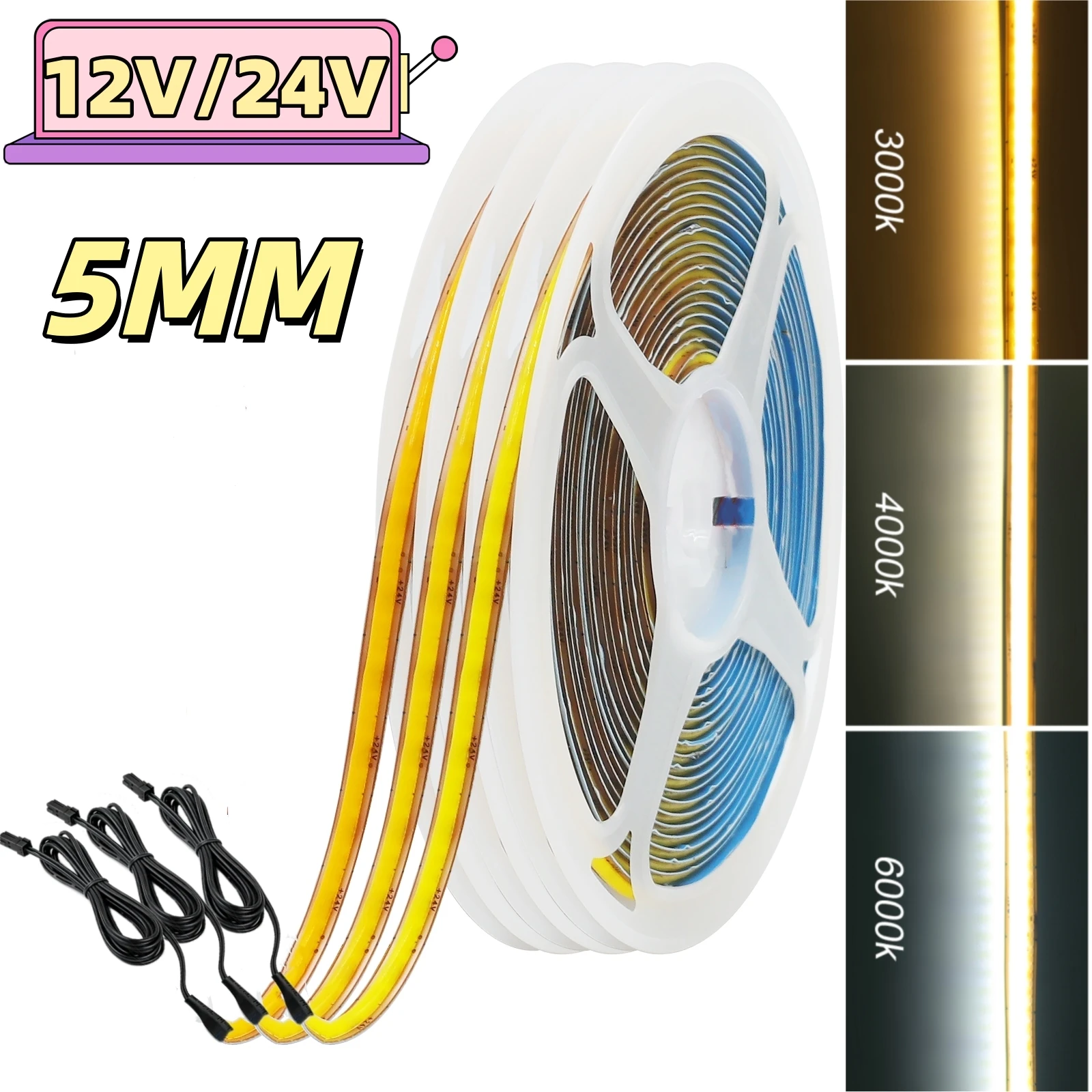 5MM 8MM Free-cut COB LED Strip Light with 2M Dupont Male Cable 12V 24V 400LEDs High Density Bright Flexible Tape Linear Lighting