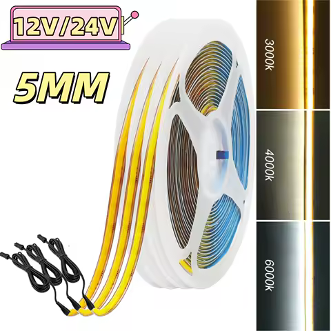 5MM 8MM Free-cut COB LED Strip Light with 2M Dupont Male Cable 12V 24V 400LEDs High Density Bright Flexible Tape Linear Lighting