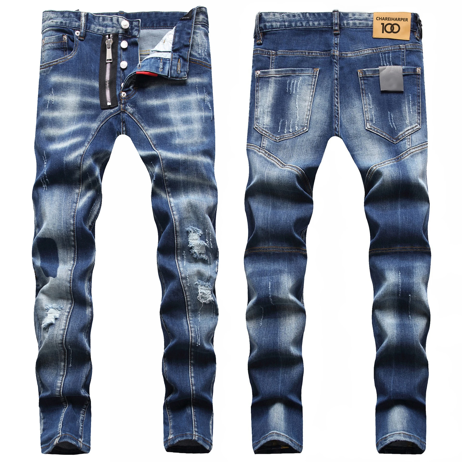 

chareiharper dsq0910 plus size jeans Worn and ripped men's jeans zipper trim slim slim feet trend mid-waist pants for men