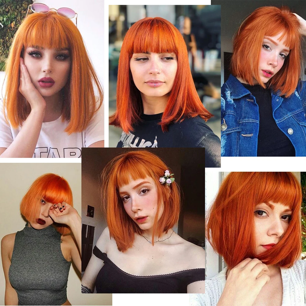 Short straight orange wig with bangs synthetic fiber wig African American white female cosplay/party/daily wig