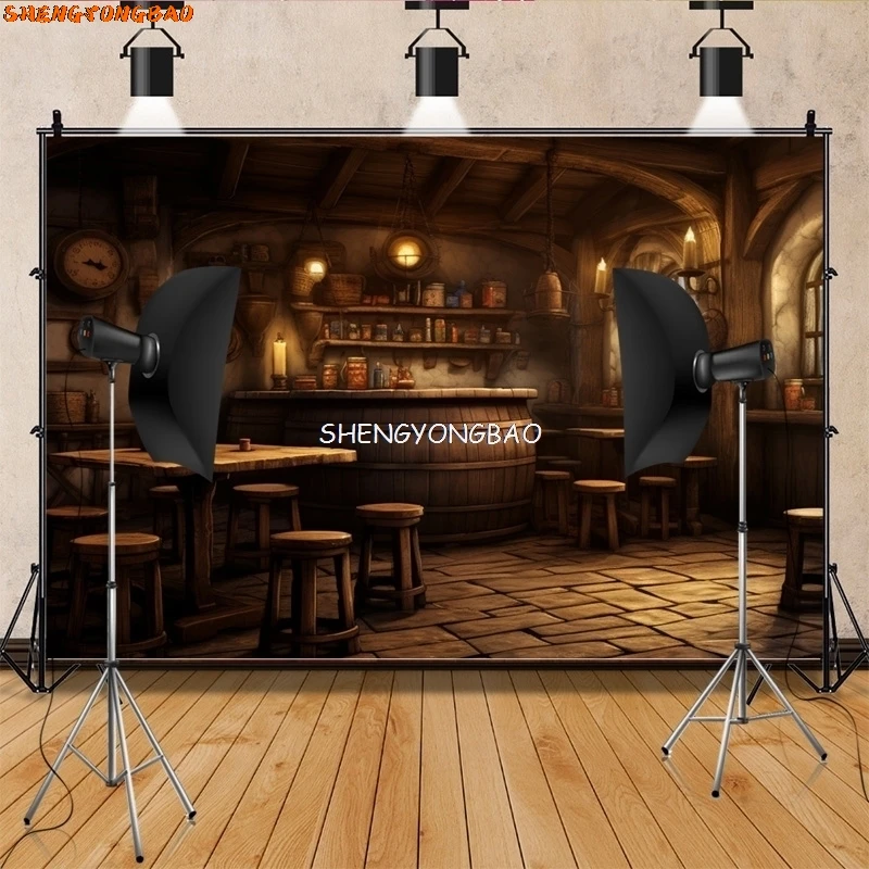 Vintage Old Tavern Barista Coffee Shop Bar Photography Backdrop Warm Medieval Inn Fantasy Retro Photo Studio Background LJG-01