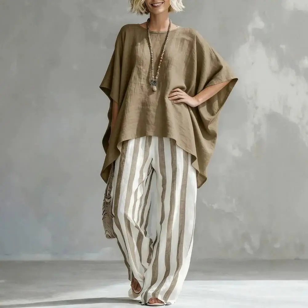 Women T-shirt Pants Two Piece Set Summer O-Neck Short Batwing Sleeves Shirt Striped Trousers Loose Casual Top Pants Suit Casual