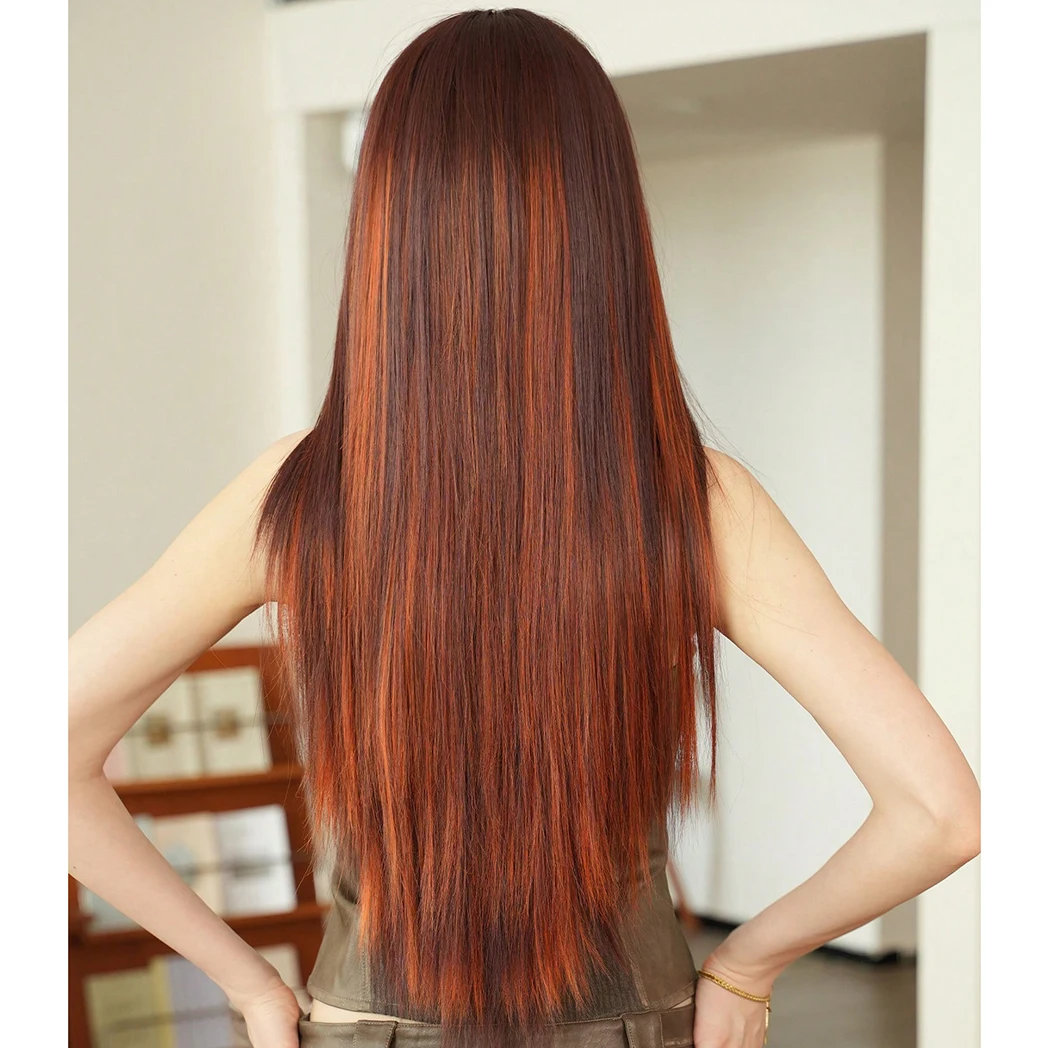 Long Highlights Flame Orange Wig Synthetic Straight Wig With Curtain Bangs Natural Soft High Density Wig Heat-Resistant Fiber