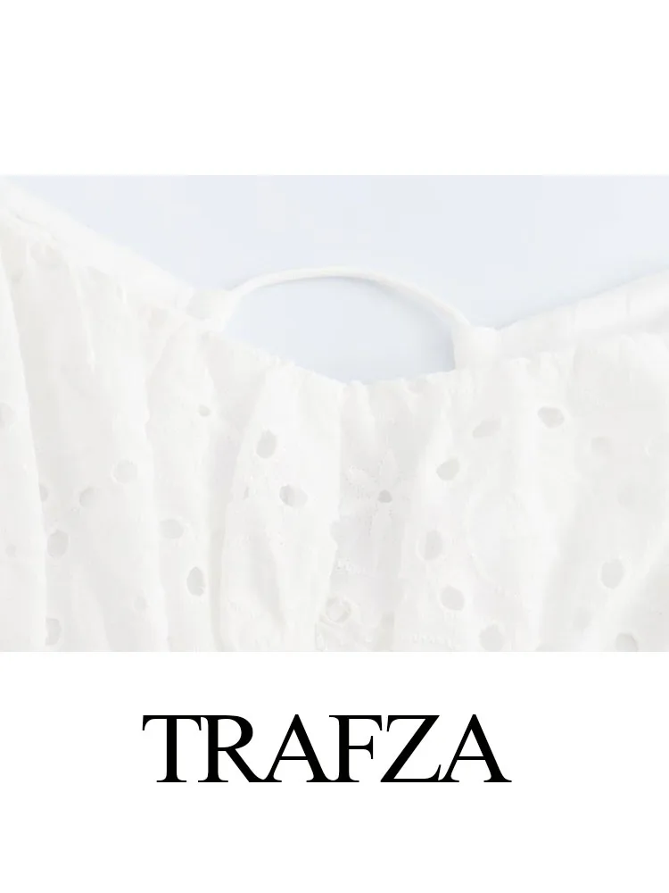 TRAFZA-Vestido feminino oco sem costas bordado sem mangas, vestido Midi plissado com renda, vestido com zíper feminino, moda verão