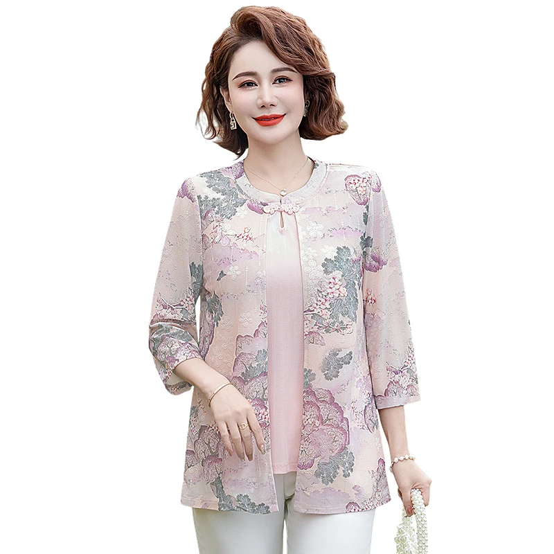 

Plus Size Elegant Female Clothes Loose Casual All Match Tops retro Women Two fake printed Button Three Quarter Sleeve Chic Blusa