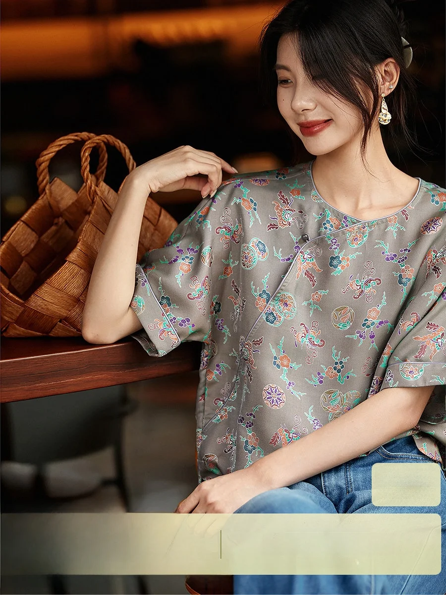 

Ele New Chinese Sle round Ne Silk Blouse Women's Small Top Miscellaneous Treasure Asymmetrical Sve Design