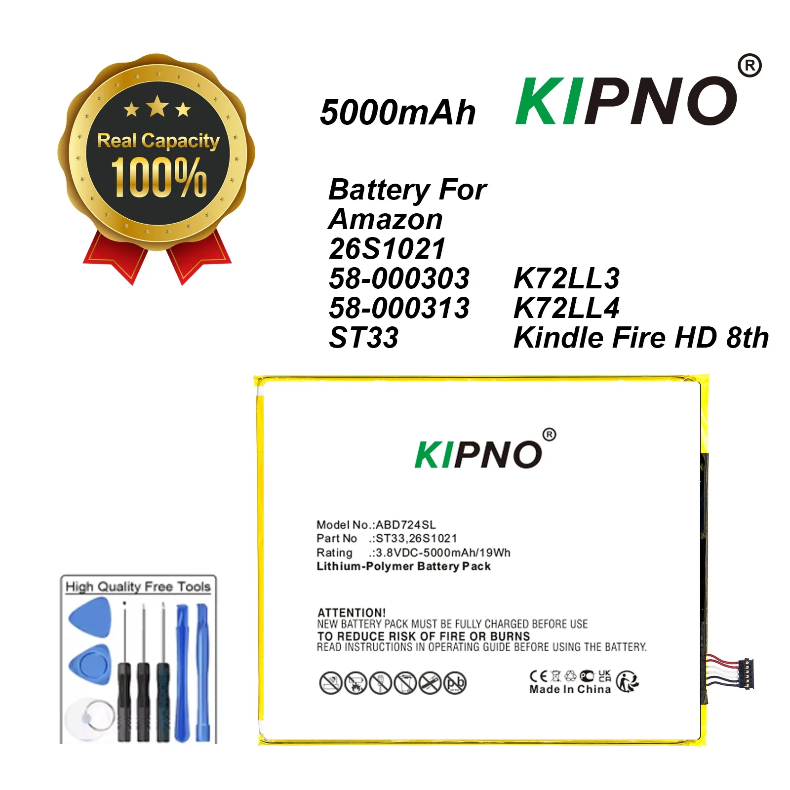 

Tablet Battery For 26S1021 58-000303 58-000313 ST33 Kindle Fire HD 8th K72LL3 K72LL4 Volts 3.8 Capacity 5000mAh +Free Tools
