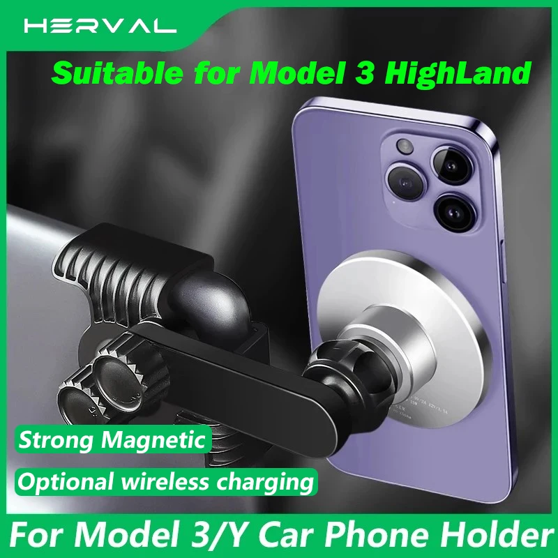 Herval for Tesla Model 3/Y/S/X Highland Car screen Magnetic Phone Holder 360°Rotation wireless charging For iPhone 12-14 Pro Max