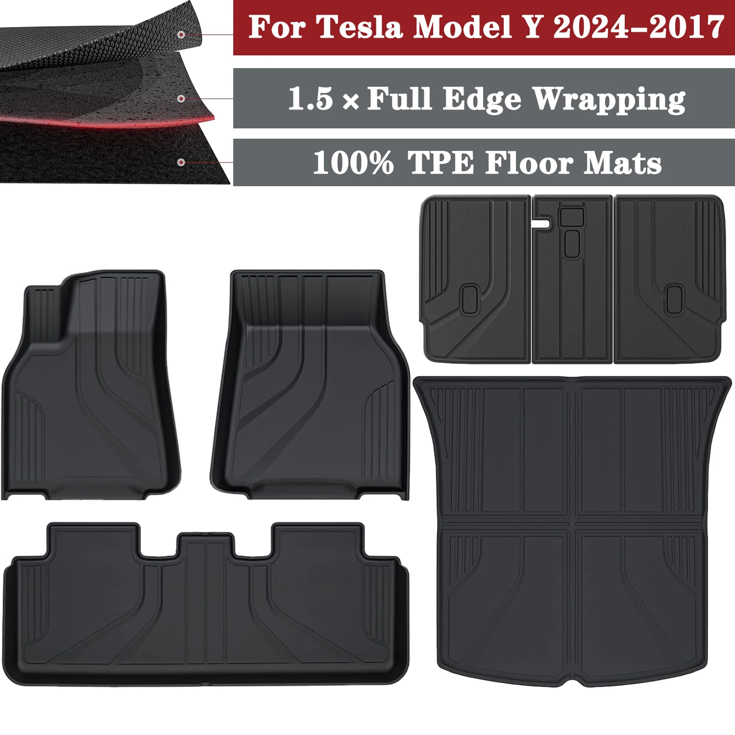 

1.5× Raised Edges Upgraded TPE Floor Mats For Tesla Model Y 2024-2017, Full Edge Wrapping Waterproof Cargo Liner Trunk Mats