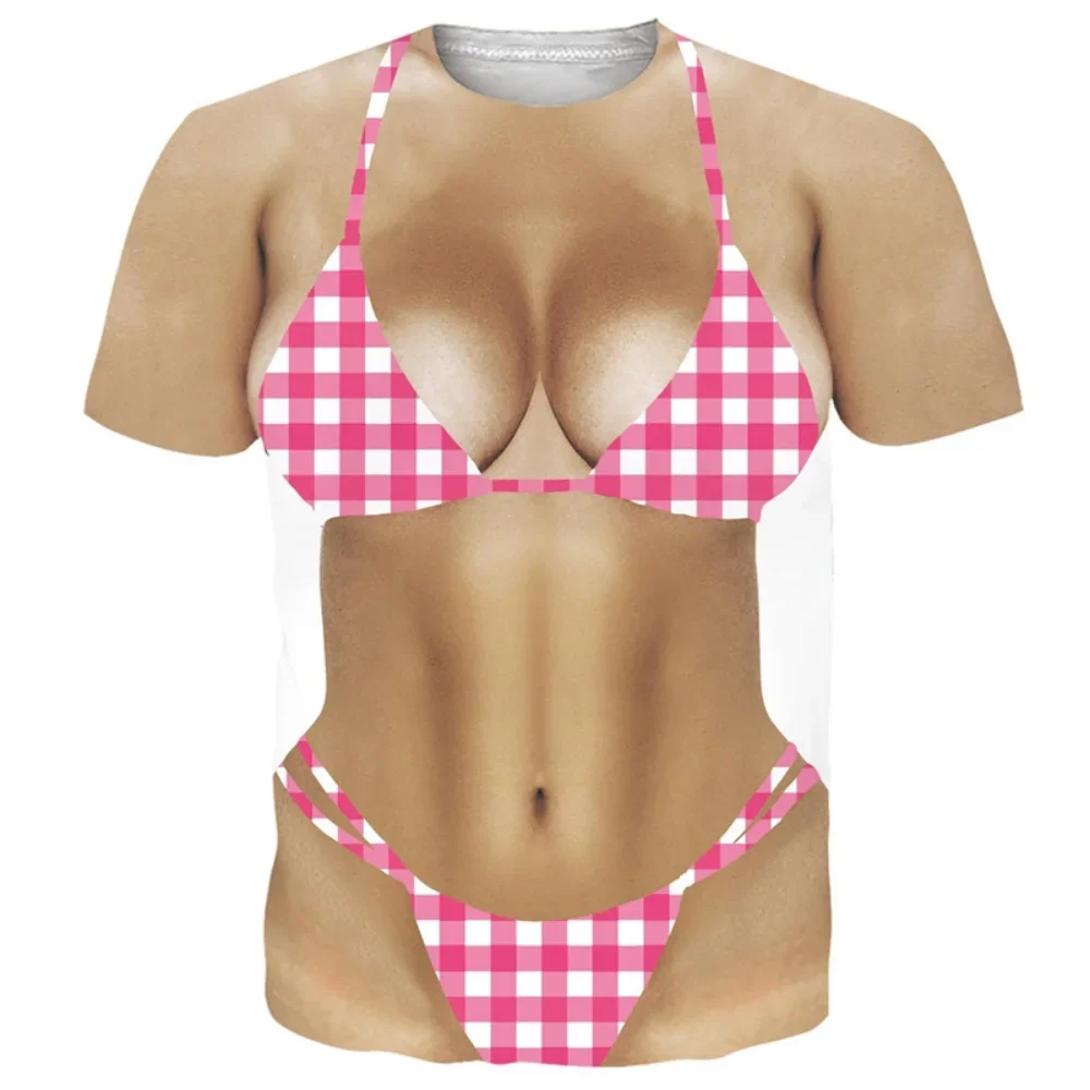 Lustige Bikini-Grafik-T-Shirts für Herren, 3D-Druck, Fake-Abdominalmuskeln, Kurzarm-T-Shirt, Damen-Cosplay-Kostüm, Neuartige T-Shirts – Detail 6