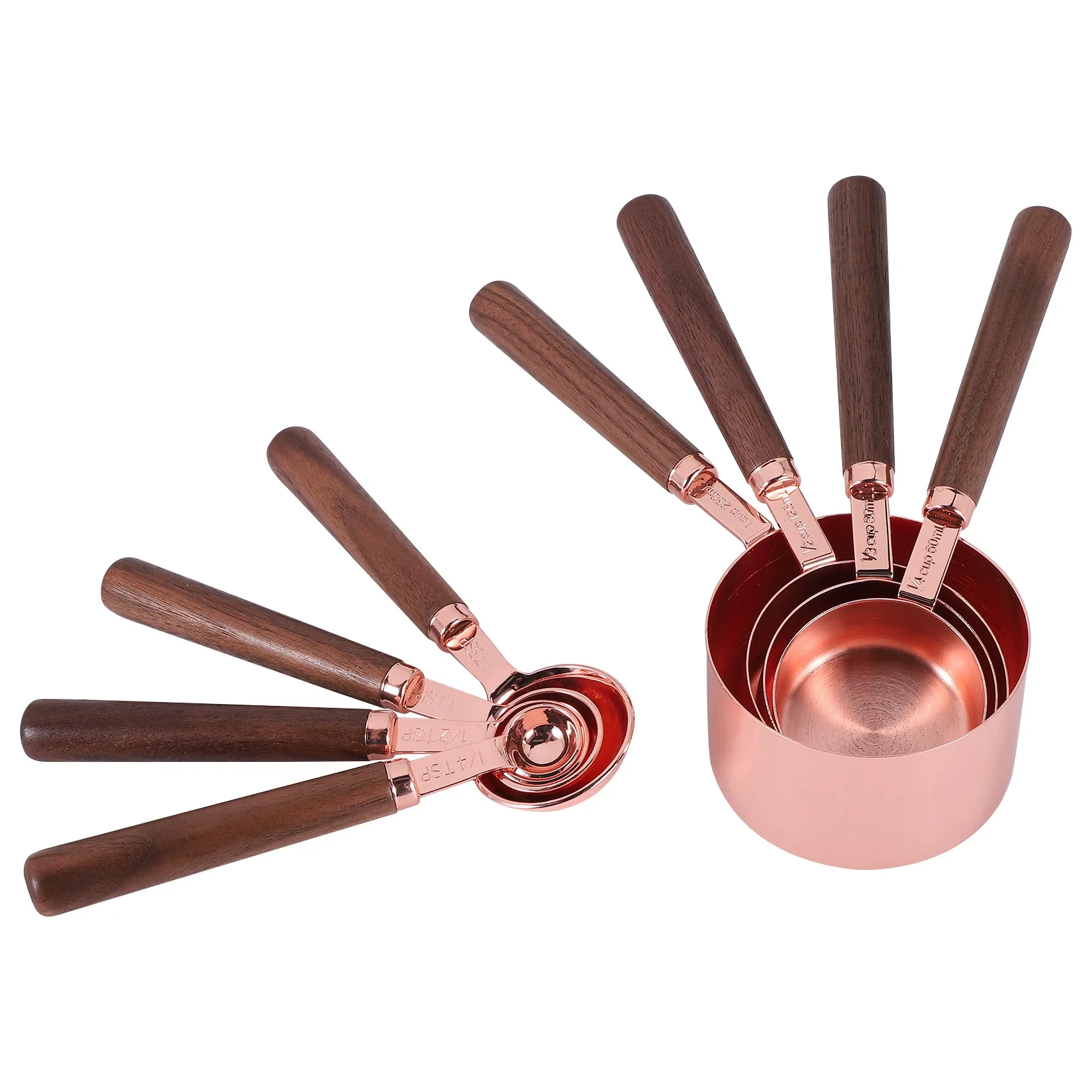 

AB39-Measuring Cups Spoons Set Wood Handle Stainless Steel Plated Copper Metal Measuring Scoop Baking Kit Kitchen Accessories