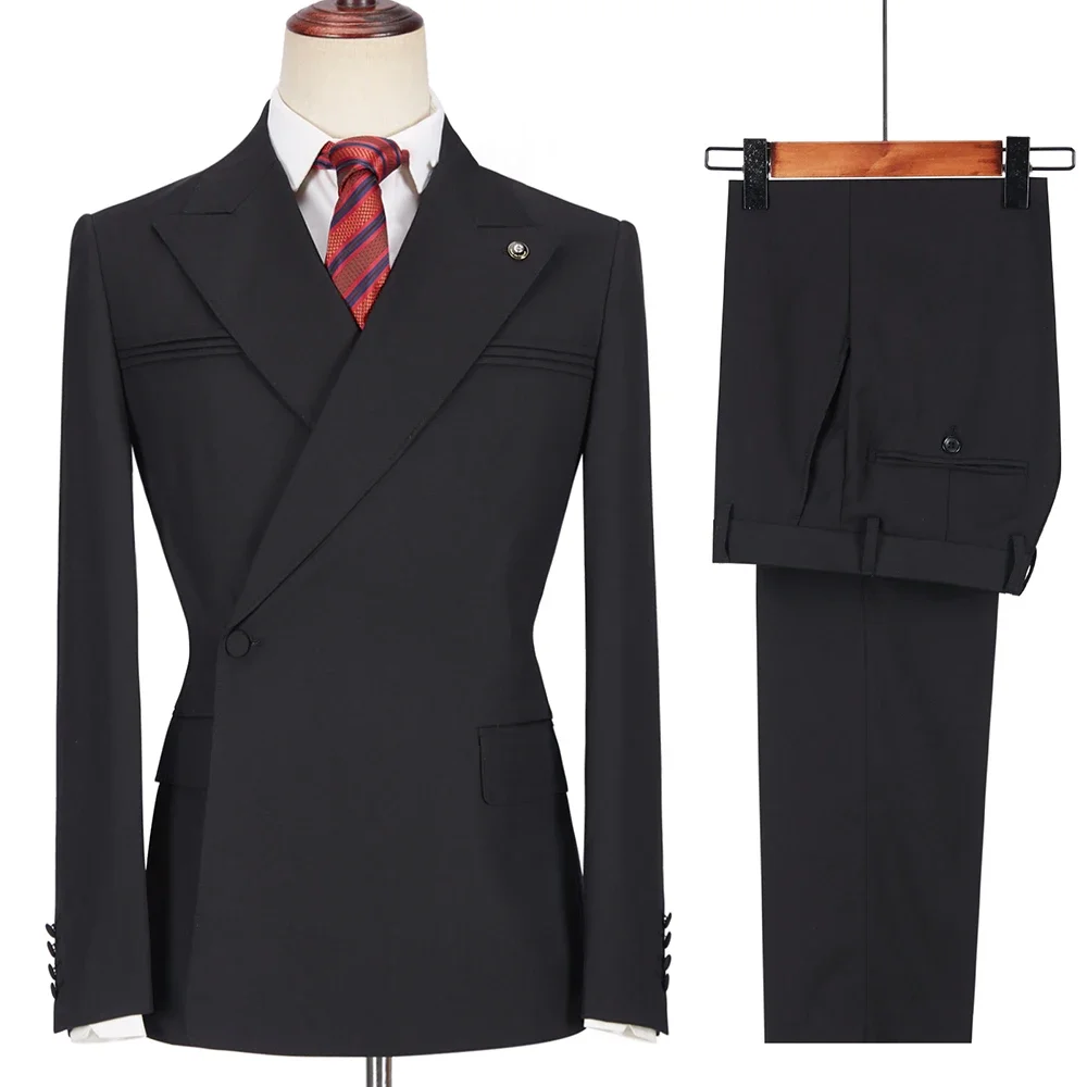 Solide Männer Anzüge Marineblau formale Peak Revers Ein-Knopf-Blazer mit Hosen Chic Smart Casual Bräutigam Hochzeit Smoking 2 Stück