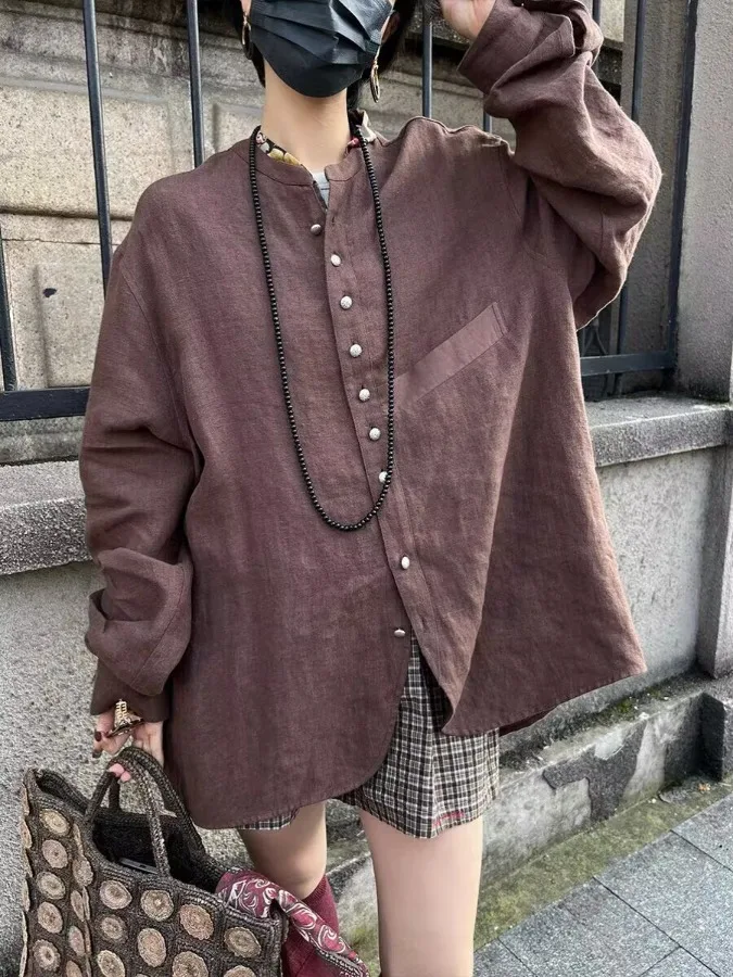 New Chinese Style Women's Linen Shirt Jacket Loose Casual Long Sleeve Cotton Linen Top Silver Buckle Autumn Wear Sun Protection view 2