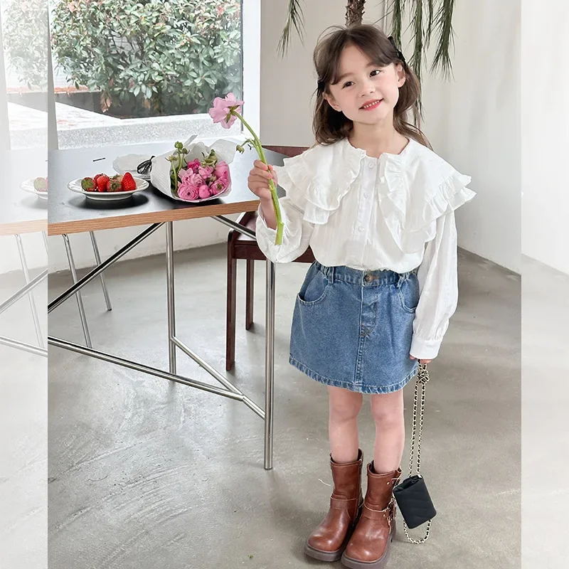 

Girls Blouses 2024 Spring Children Wear Girls Korean Version Temperament Sweet Big Lace Lapel Jacquard Cotton White Shirt