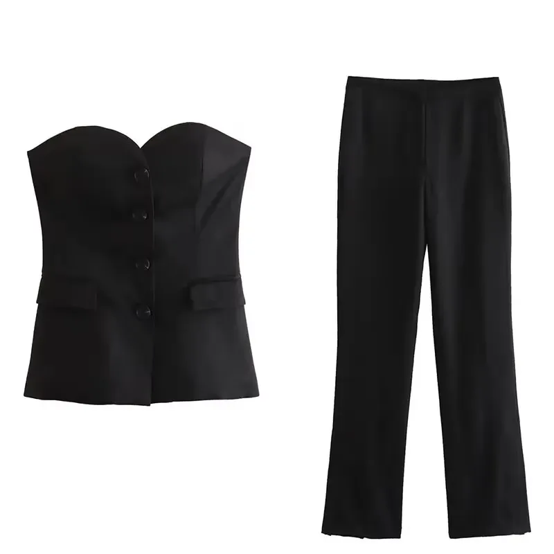 HH Pant Sets For Women Sleeveless Off Shoulder Tube Top Blazer Side Slit Trouser Side Slit Trouser Casual Office Lady Suit