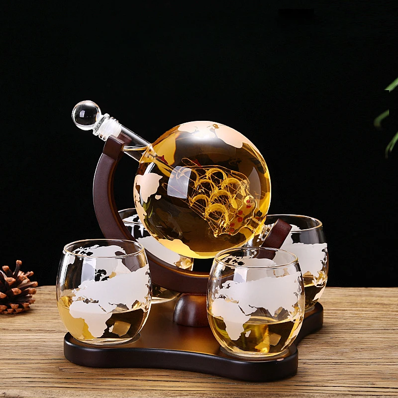 Globe Wine Container Board Wood Frame Sailing Glass Wine Bottle Vodka Global Glass Craft Wine Bottle