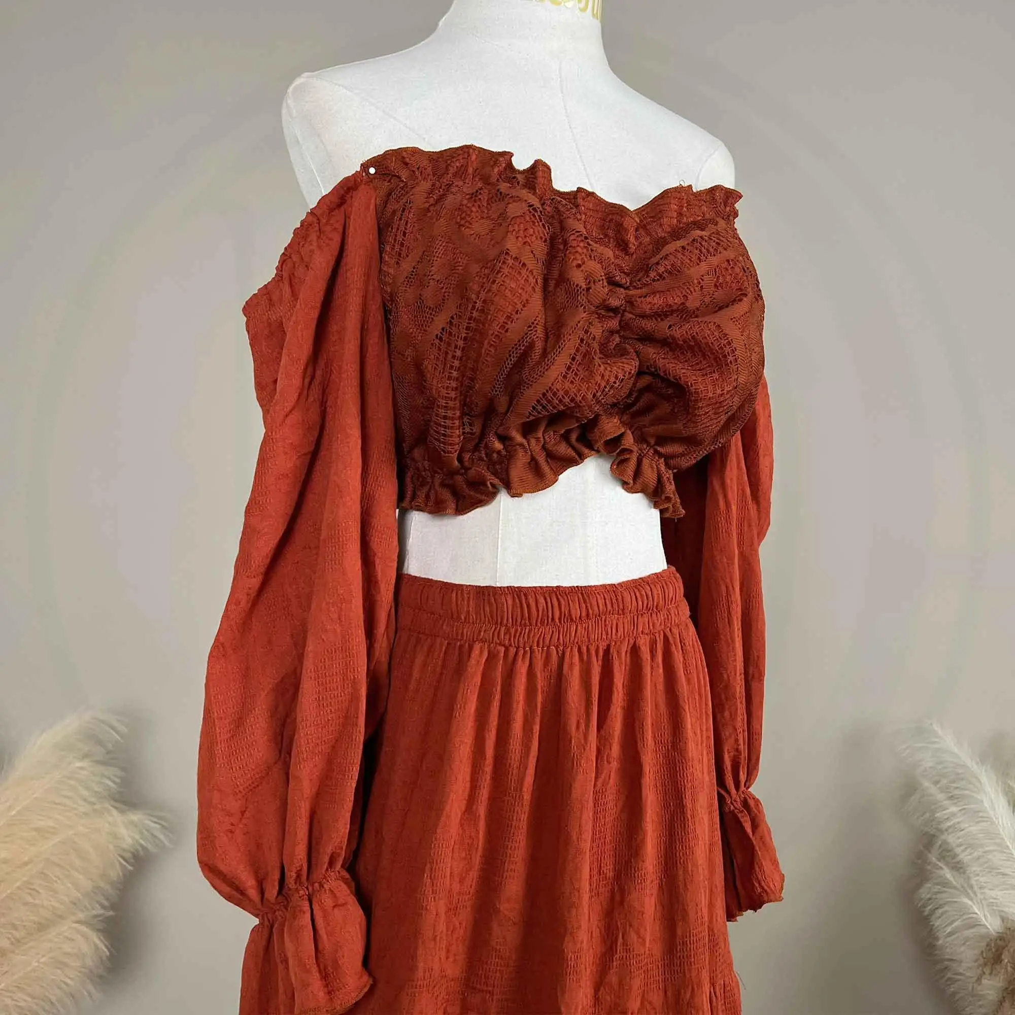 Don&Judy Elegant Boho Maternity Two Pieces Set Dress Long Sleeves Gowns for Photoshoot Party For Baby Shower