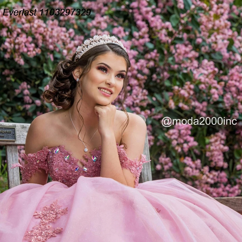 Блестящее розовое платье EVLAST Quinceanera, бальное платье, блестящее кружевное платье с аппликацией и бисером, Мексиканский корсет, милое платье 16 лет TQD955