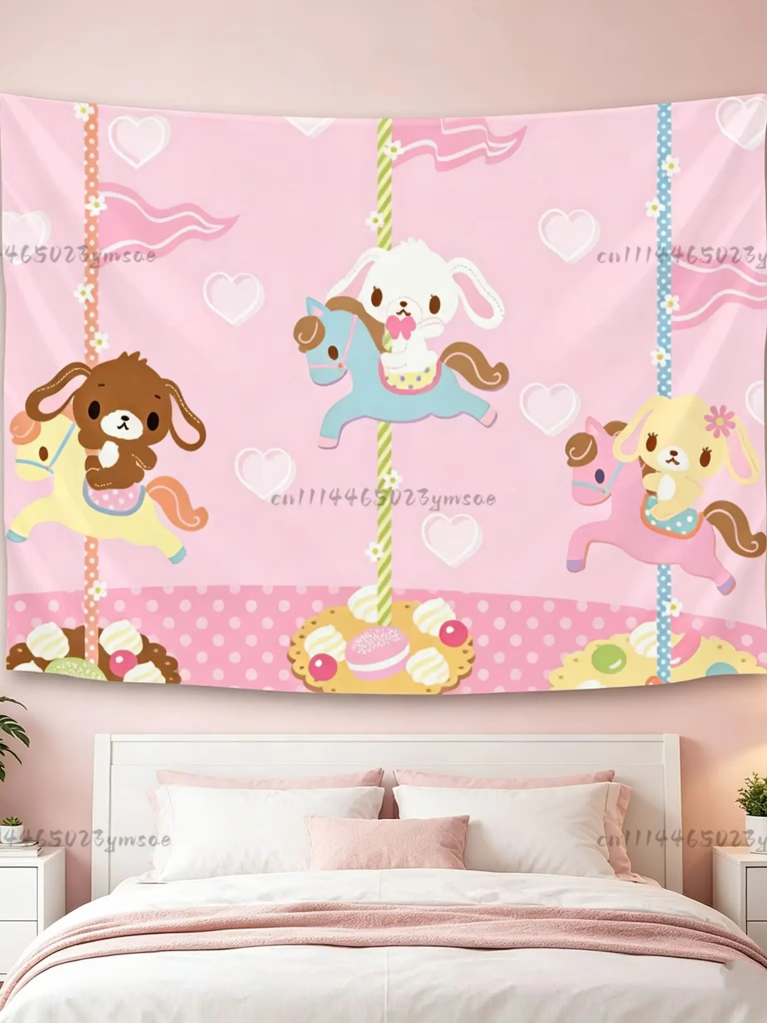 Cartoon-Karussell-Wandteppich, Anime-Wandteppich, ästhetischer Wandhintergrund für Wohnheime, Wanddekoration für Teenager-Mädchenzimmer, perfektes Geschenk für Fans, Flaggen – Detail 7