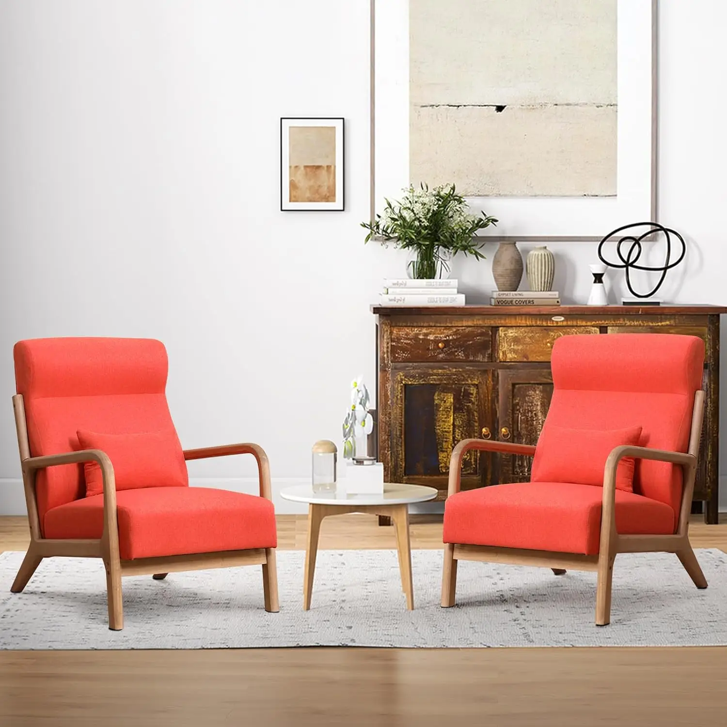 Mid Century Modern Accent Chair Set of 2, High Back Reading Armchair w/ Wood Frame, Upholstered Chairs w/ Waist Cushion, Orange