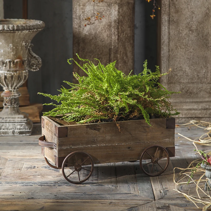 Rustic Wooden Wagon Planter Box With Metal Wheels, Farmhouse Garden Flower Pot Container, Balcony Tabletop Decor