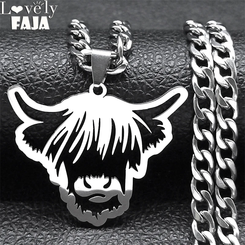 Nordic Highland Cattle Cow Pendant Necklace for Women Men Stainless Steel Silver Color Animal Necklaces Jewelry Gifts NZZZ511S03