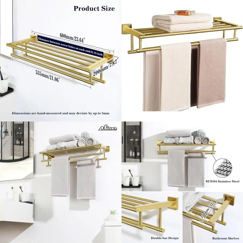

24 Inch Wall-Mounted Double Towel Rack, Brushed Gold Stainless Steel Towel Shelf with Two Bars for Bathroom