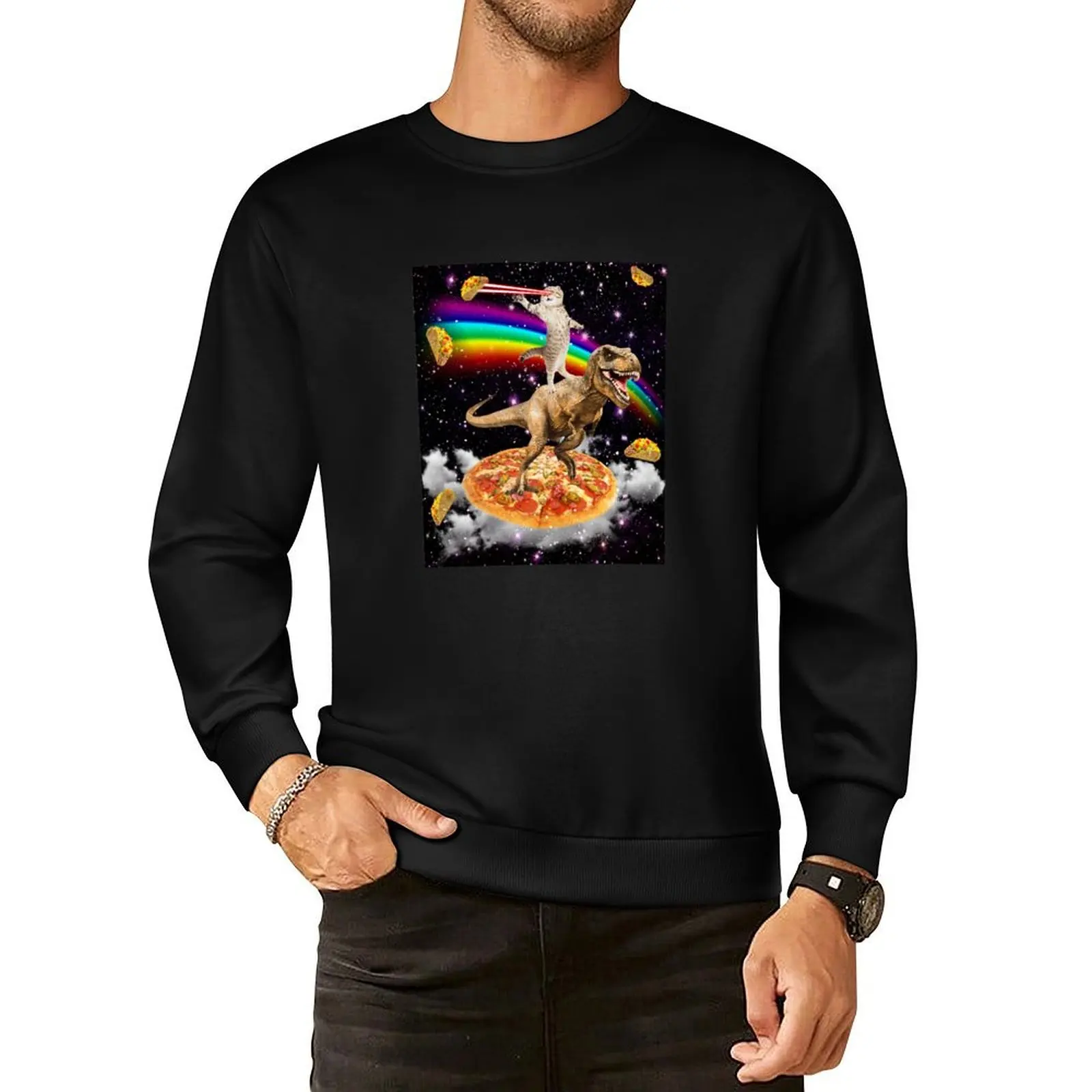 

The ORIGINAL Galaxy Laser Eye Cat on Dinosaur on Pizza with Tacos & Rainbow Pullover Hoodie