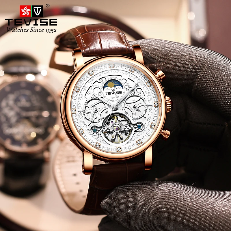 Mechanical Watch Man TEVISE T867F Automatic Watch For Men Tourbillon Moon Phase Diamond Date Week Leather Waterproof Male Clock