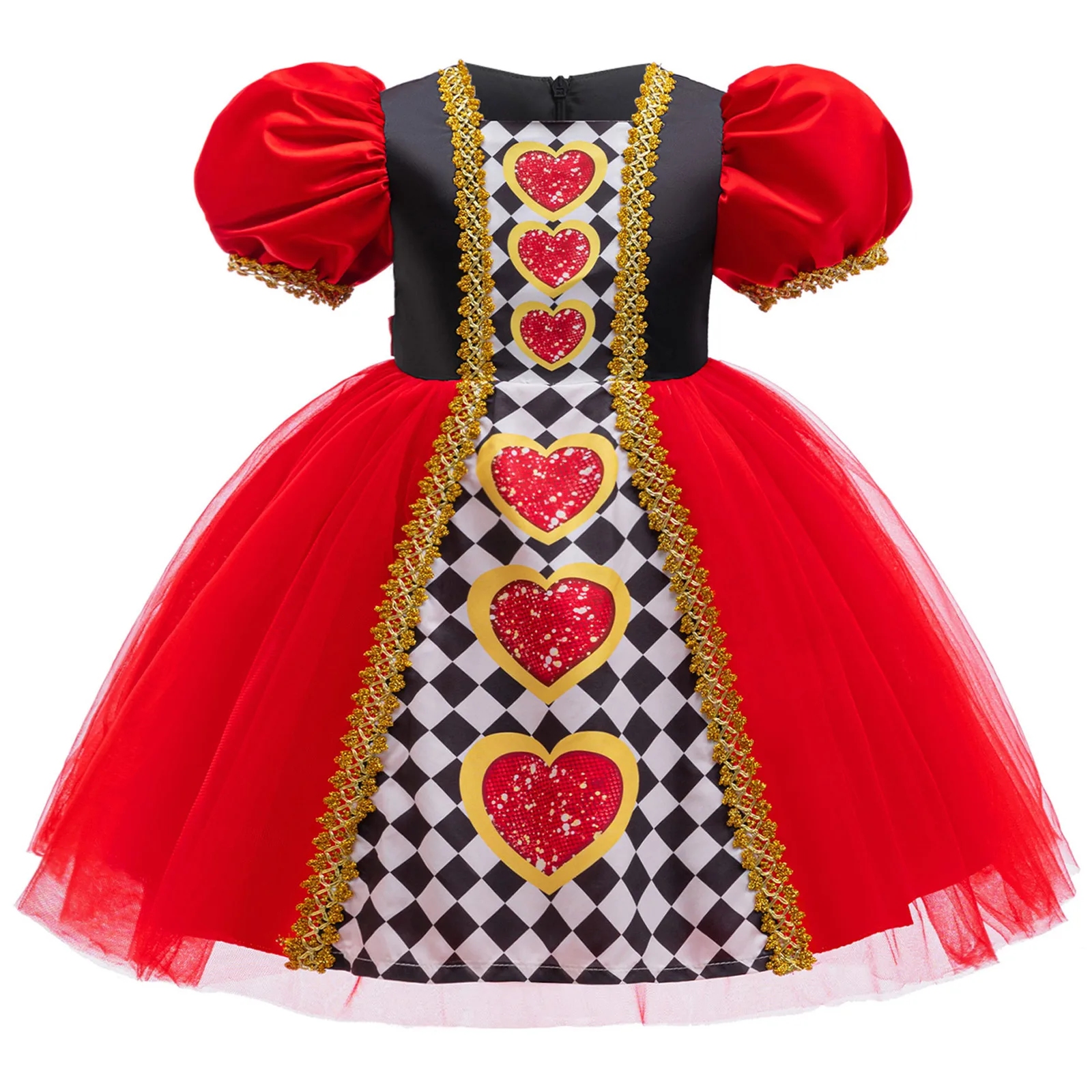 Kids Girls Red Hearts Princess Costume Puff Sleeve Gold Webbing Tulle Tutu Dress Halloween Themed Party Queen Role Play Gown