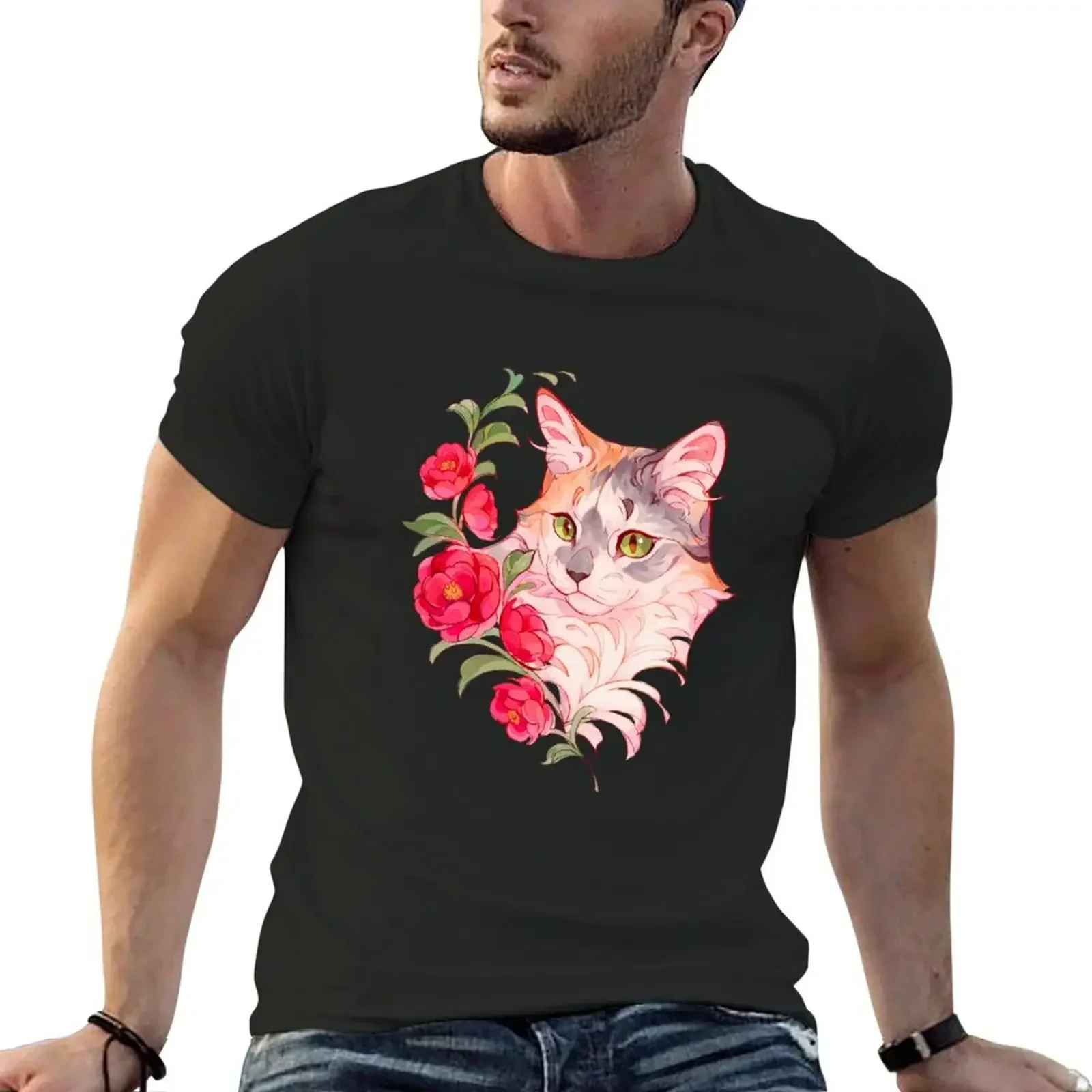 Silver torbie cat with red flowers T-Shirt baggy shirts sports fans men t shirt