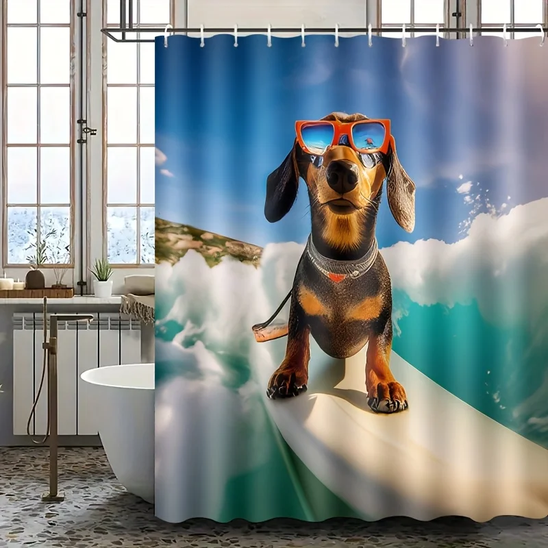 Funny Dachshund Surfing Shower Curtain, Cute Dog with Sunglasses Bathroom Decor, Waterproof Polyester Fabric Bath Screen