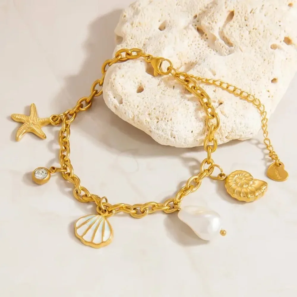 Vacation Ocean-style Gold Color Stainless Steel Shell Starfish Conch Pearl Pendant Bracelet for Woman Jewelry Accessories Gifts