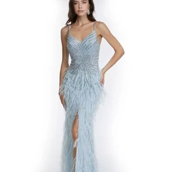 Black Feathers Spaghetti Strap Sexy Party Dresses LA70623 Best Price Mermaid Beaded Fashion Evening Gowns With Split