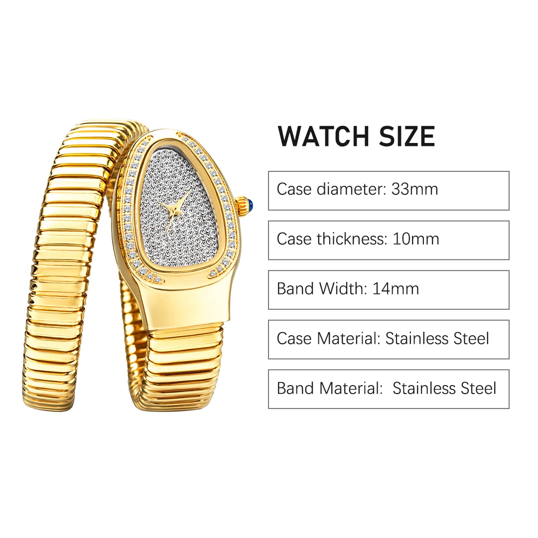 Hot Sale Snake Watch for Women Luxury Diamond Dial Stainless Steel Quartz Wristwatch Fashion Lady Dress Jewelry Relogio Feminino