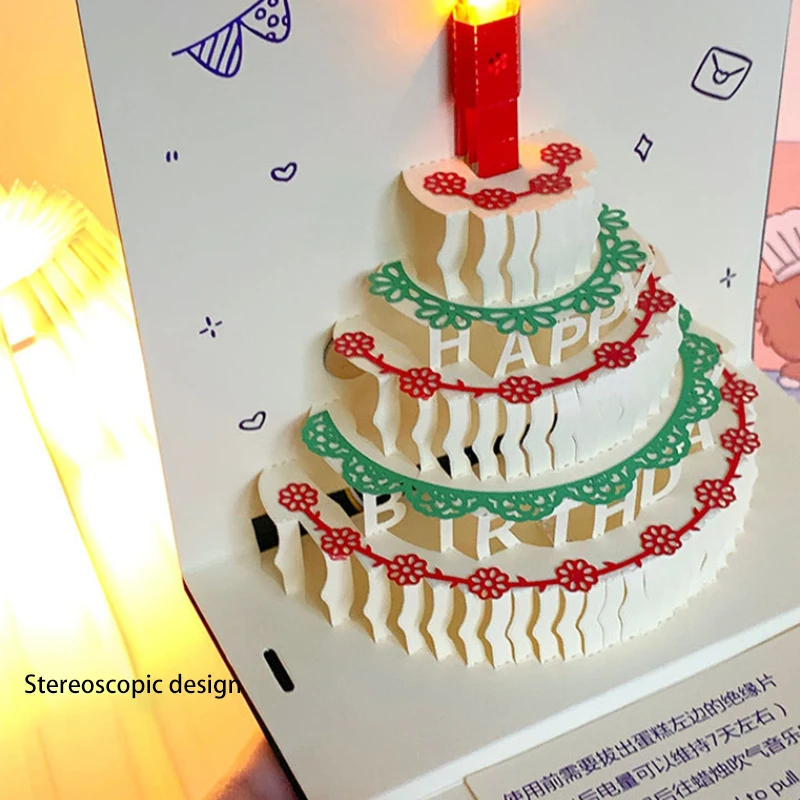 Music Birthday Card , 3d Cake Pop-up Cards , With Music Light , Can Be Blow Out Candle , Anniversary Gifts Party Supplies