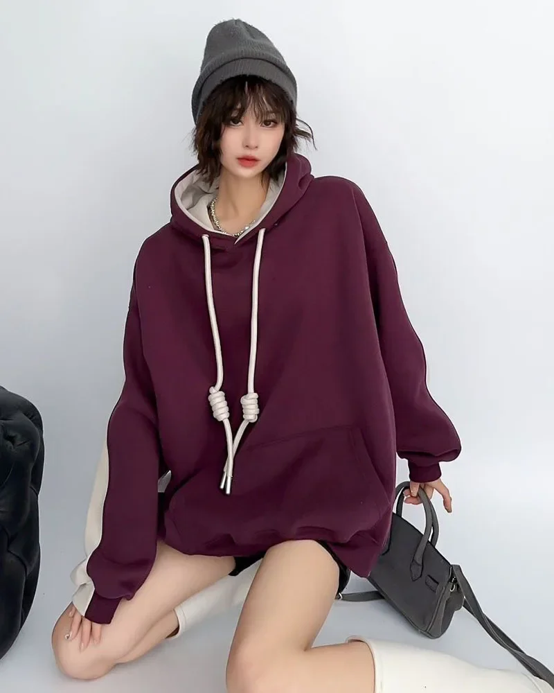 Hoodie Trendy and Loose Casual Patchwork with Contrasting Colors and Plush Insulation Hoodie for Women