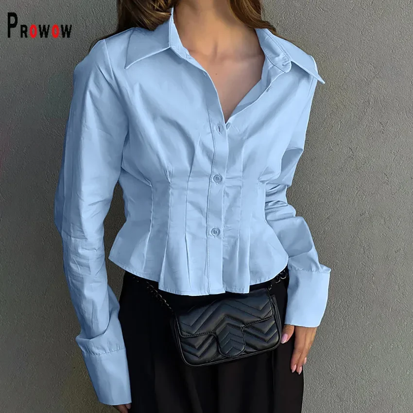 Prowow Fashion Women Blouses Solid Color Long Sleeve Skinny Wasit Slim Fit Female Tops Clothes Siingle Breasted Shirts Blusas