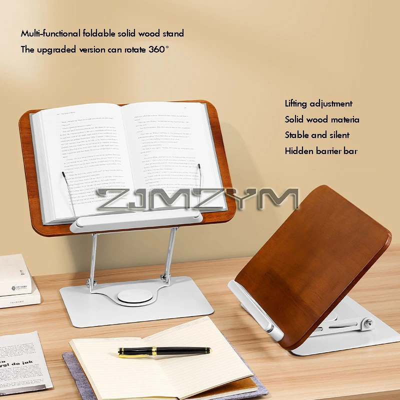 Solid Wood Book Stand for Reading Adjustable Book Holder with 360° Rotating Base Elastic Page Clips Foldable Desktop Riser Stand