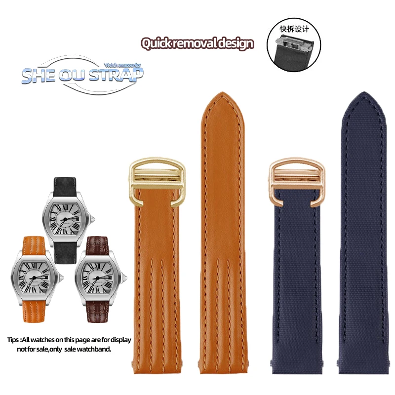 

19mm Men's Leather Watch Strap Quick-Release Interface Nylon Band for Cartier Roadster Series W6206018 W6206017 Black Blue Khaki