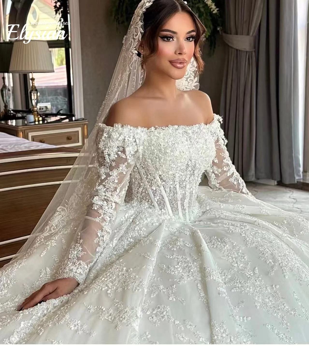 Vestido de novia lujoso personalizado de Organza con cuentas bordadas Vestido de novia de princesa Vestido de novia